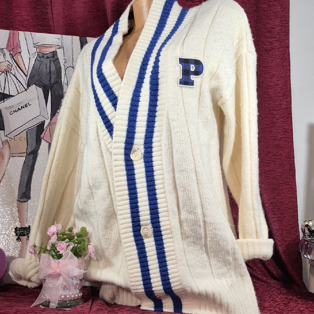VICTORIA'S SECRET Cream Cable-Knit Cardigan with Blue Stripe and 'P' Patch NWT - Picture 2 of 7